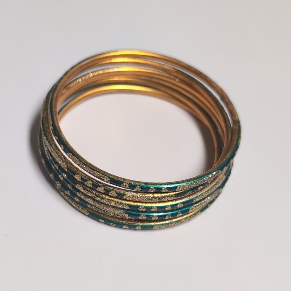 Set of 6 Green and‎ Glittery Gold Indian Metal Bangle Bracelets